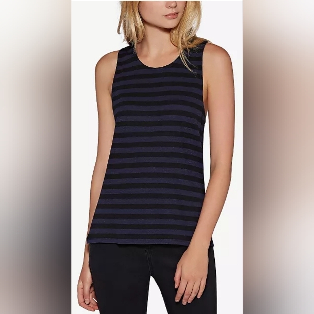 Avec Les Filles, linen Blend Striped Tank, Black and Blue, Sizeโ XS, NWT!